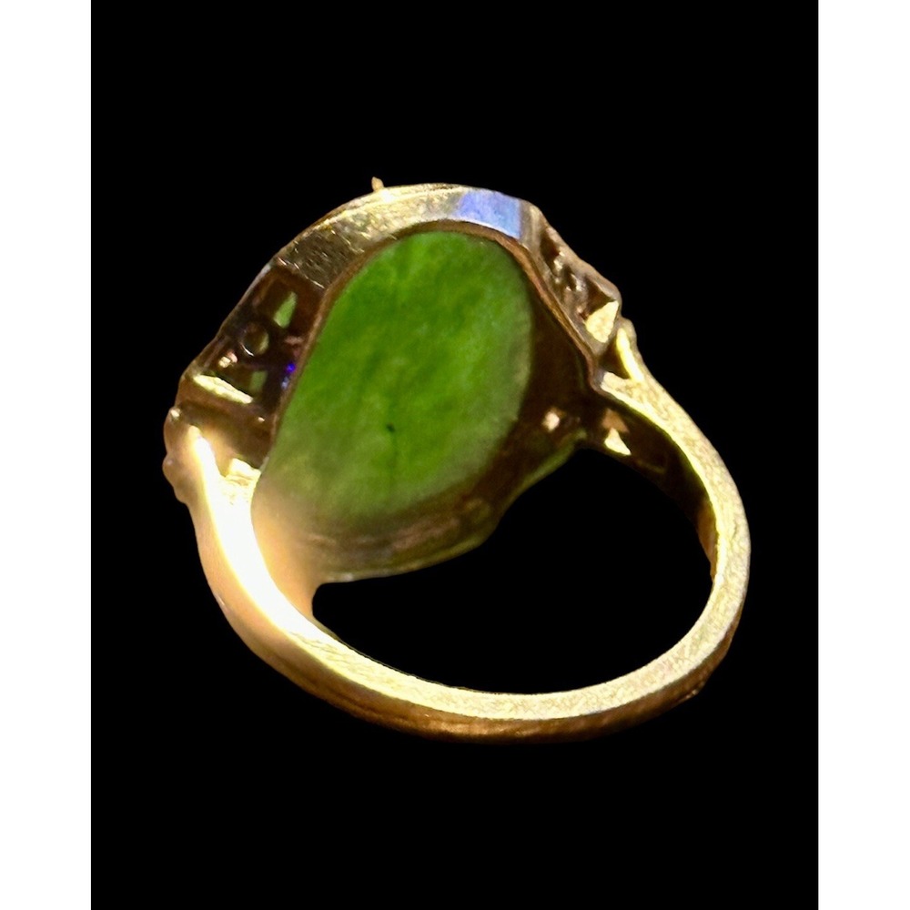 Art Deco 10K Yellow Gold Diamond Cut Natural Jadeite Stone Ring Size 6 Vtg OOAK - Picture 5 of 10